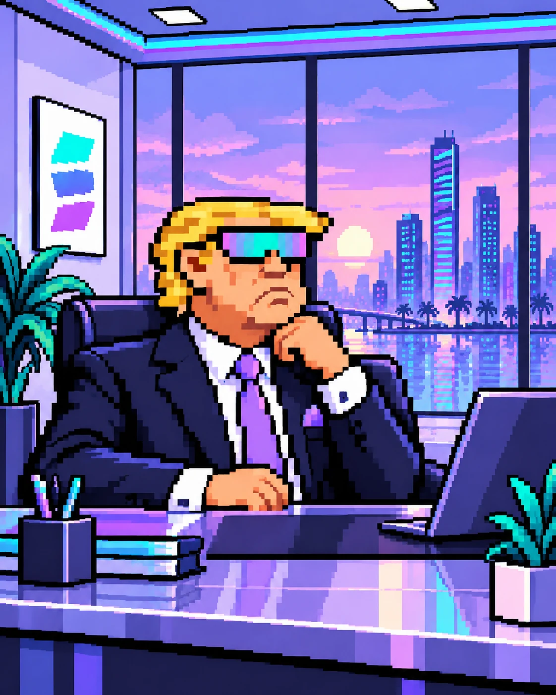 STB executive in a retro Solana penthouse office